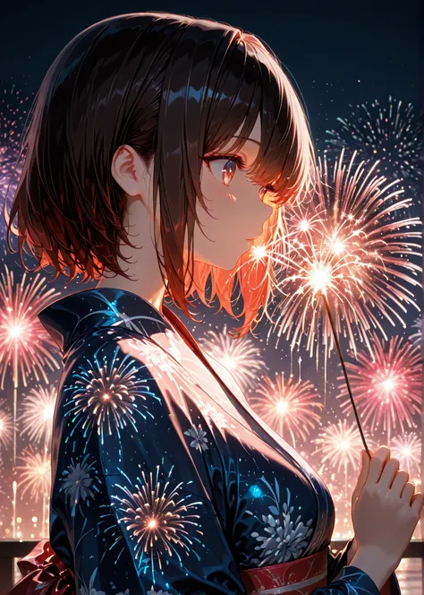 (Masterpiece, Highest Quality:1.2, High Detail, High Resolution) 1girl, solo/ fireworks display