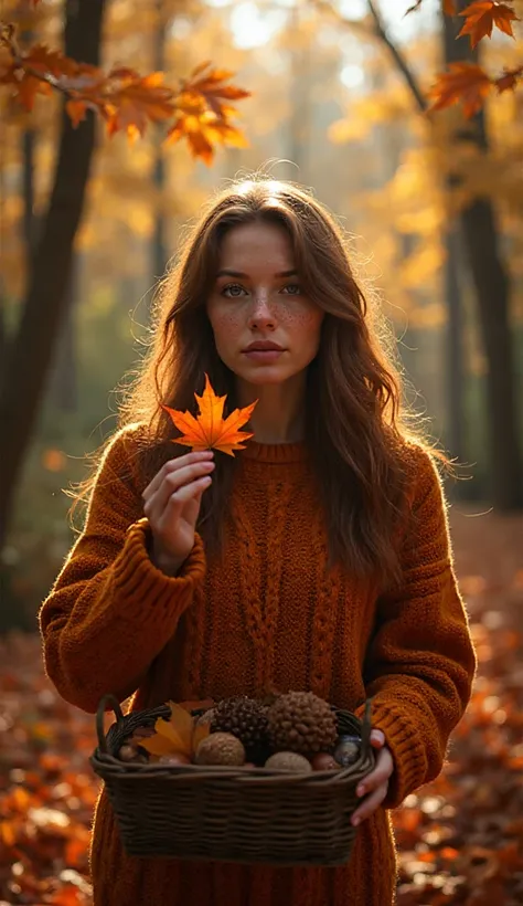 Hyper-realistic photograph of a woman catching an amber maple leaf in a sun-dappled autumn forest. Chestnut hair with auburn hig...