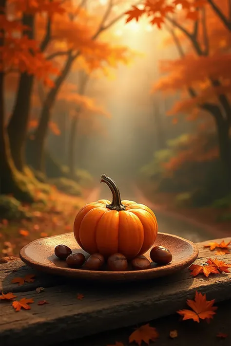 Real photo、  Japanese autumn  、beautiful scenery of autumn leaves、pumpkin on a plate、chestnut