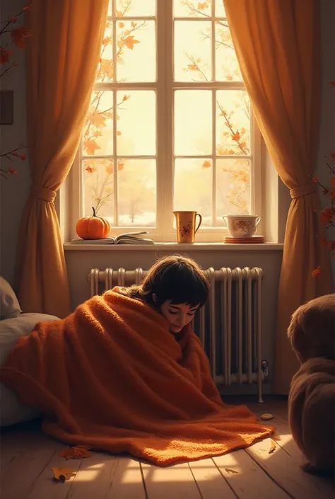 draw a picture for an advertising banner saying that it's cold in autumn and the radiator is warm 