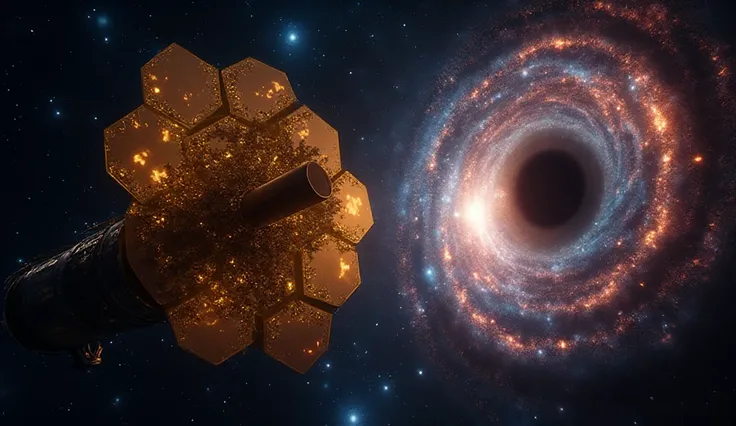 A hyper-realistic, cinematic-style thumbnail showing the James Webb Space Telescope (JWST) floating in deep space, with its gold...