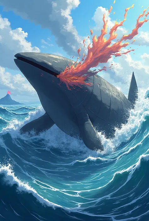 anime-Aal-Pokémon. Ein Vulkan-Wal, that throws boiling water and lava steam out of its blowing port, While massive waves occur.
...