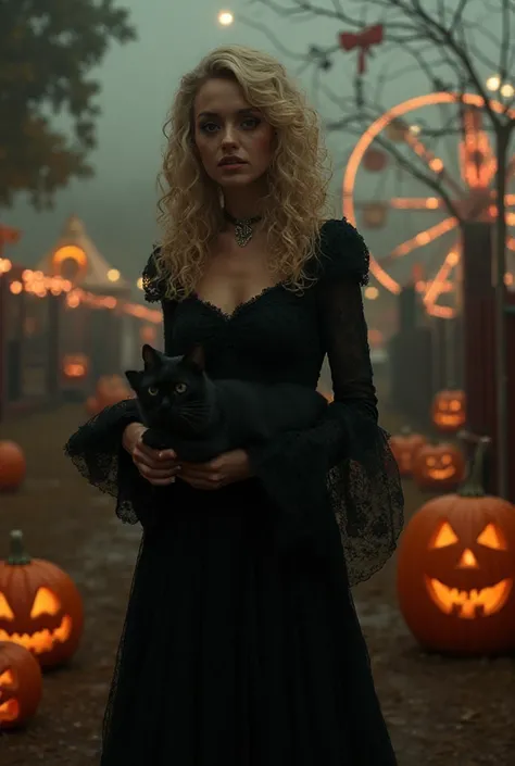 “Ultra realistic portrait of a Black witch with curly blonde hair, walking through a spooky 1950s fairground with jack-o’-lanter...