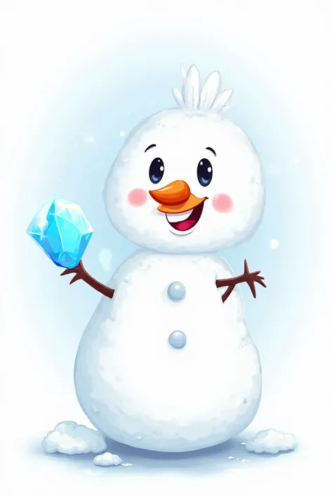 Friendly snowman in cartoon lines, with friendly and fun expression. The character must be holding a crystalline ice petal in hi...