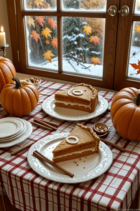 masterpiece, ultra detailed, high quality, autumn harvest scene, pumpkin pie on rustic wooden table, steam rising, warm golden b...