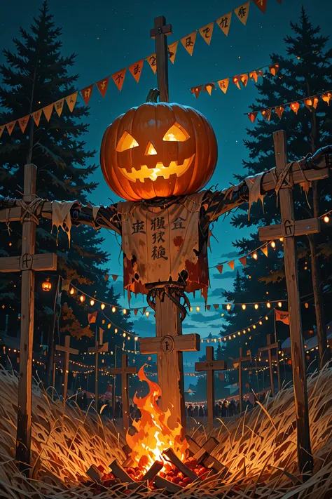Giant scarecrow crucified on top of a fire he is made of meat pieces of meat falling and hay torn and dirty clothes he has a pum...