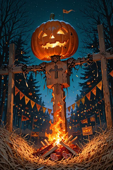 Giant scarecrow crucified on top of a fire he is made of meat, pieces of meat falling and hay, torn and dirty clothes he has a p...