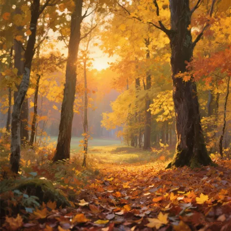 autumn,landscape,fallen leaves,forest,trees,nature,golden light,sunset,autumn,autumnal ,plein air,oil,realista,4k,ultra detailed...