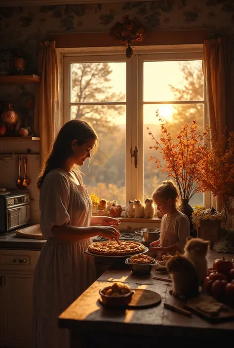 In a warm kitchen, a large window overlooking an autumn landscape, a mother preparing an apple pie with her daughter, the smell ...