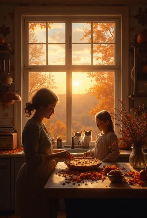 In a warm kitchen, a large window overlooking an autumn landscape, a mother preparing an apple pie with her daughter, the smell ...