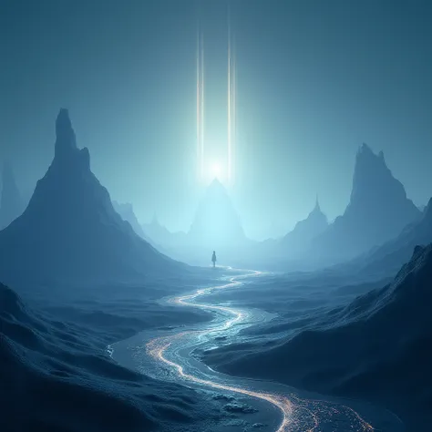 A surreal 3D cinematic scene of a vast, chill alien planet under a glowing atmosphere. their trails shimmering in soft light. Th...