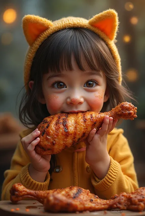 realistic photo，A young and cute girl in a cat costume，Biting a grilled chicken leg（Grilled chicken leg x500)，