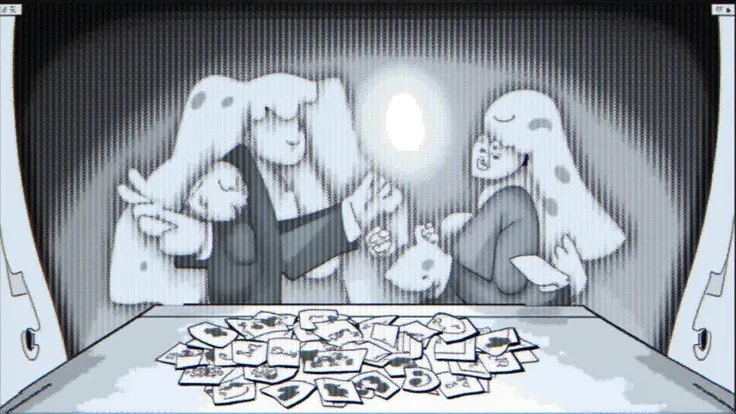 A stick-man exposing all cards on table while a stick-woman yawns, in a symbolic game room, blank expression, symbolic glowing c...