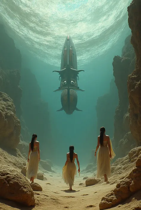 Fossils on an alien desert. At the top of the desert is a fabric of floating water. On that fabric, some women swim dressed in t...