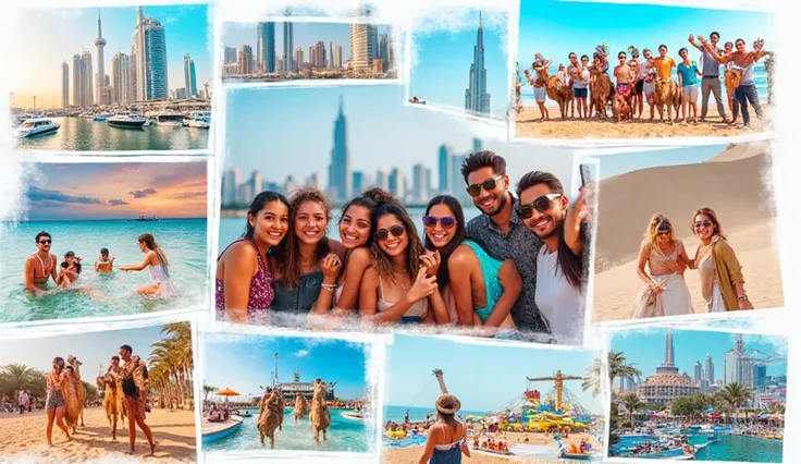 "A vibrant collage-style image showcasing the top places to visit in Dubai with friends: Dubai Marina with yachts and skyscraper...