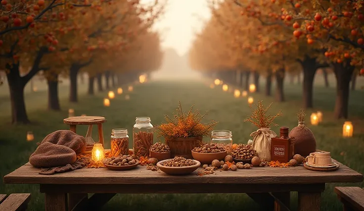Orchard Table — Long outdoor table with jars of cinnamon sticks, bowls of walnuts, wool hats, and a “Lost Buttons” jar; lanterns...