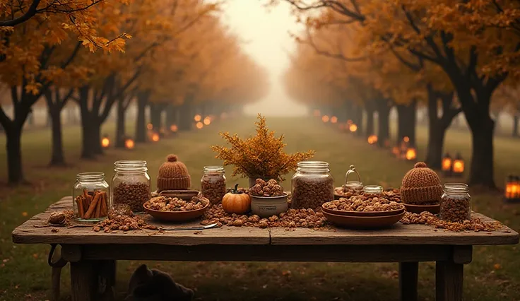 Orchard Table — Long outdoor table with jars of cinnamon sticks, bowls of walnuts, wool hats, and a “Lost Buttons” jar; lanterns...