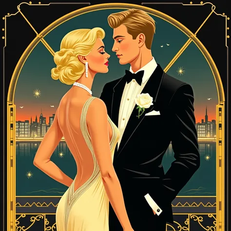The artistic style of retro illustration. Luxurious Art Deco book cover. An elegant woman with blond hair in a golden champagne ...