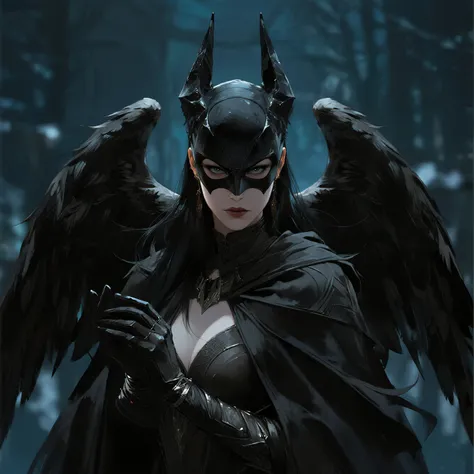 raven woman, Black long hair, headdress imitates beak, black long gloves on hand, cape imitates wings,  costume/dress - black an...
