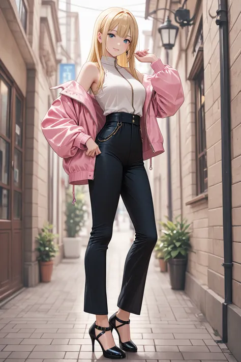 1 Japanese female college student、Full Body、Blonde、Straight Hair、short tops、Jacket、Pants Style、High Heels、mischievous expression