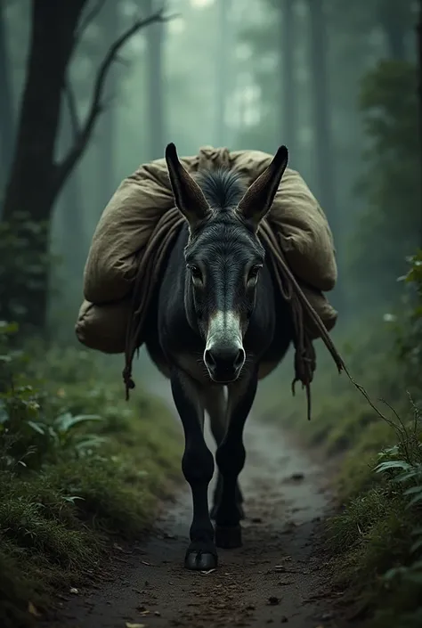 The donkey is walking along a forest path carrying heavy sacks on his back. He looks exhausted and sad. The camera zooms in on h...