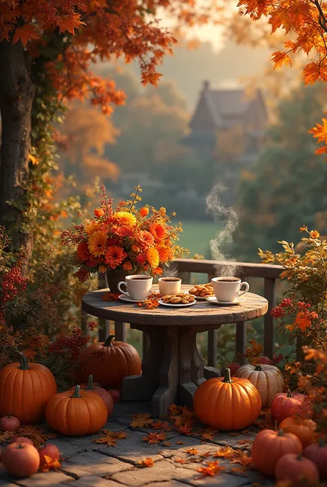Autumn terrace near the house.  round table . It has a very beautiful bouquet of autumn flowers. small pumpkins, Rowan berries, ...