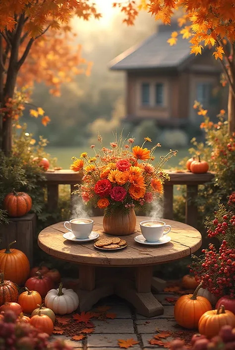 Autumn terrace near the house.  round table . It has a very beautiful bouquet of autumn flowers. small pumpkins, Rowan berries, ...