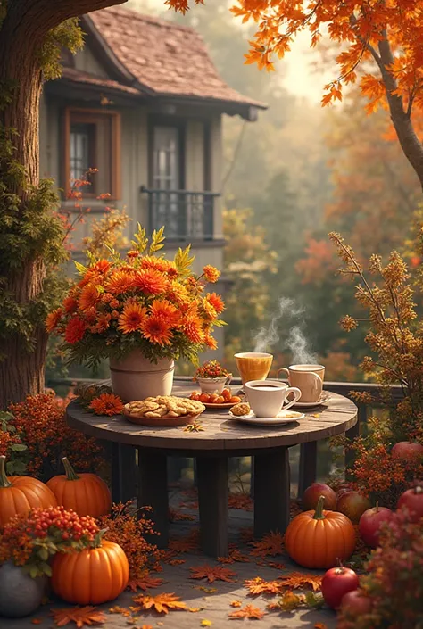 Autumn terrace near the house.  round table . It has a very beautiful bouquet of autumn flowers. small pumpkins, Rowan berries, ...