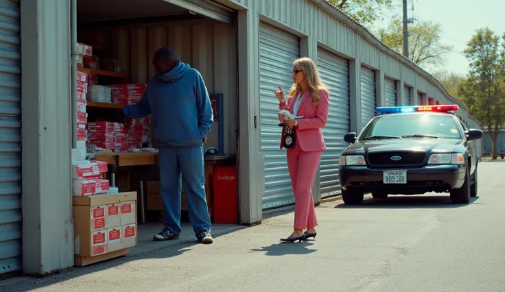 Bright noon along a storage facility lane. Unit door rolled up revealing a commercial printer, stacks of red violation notices, ...