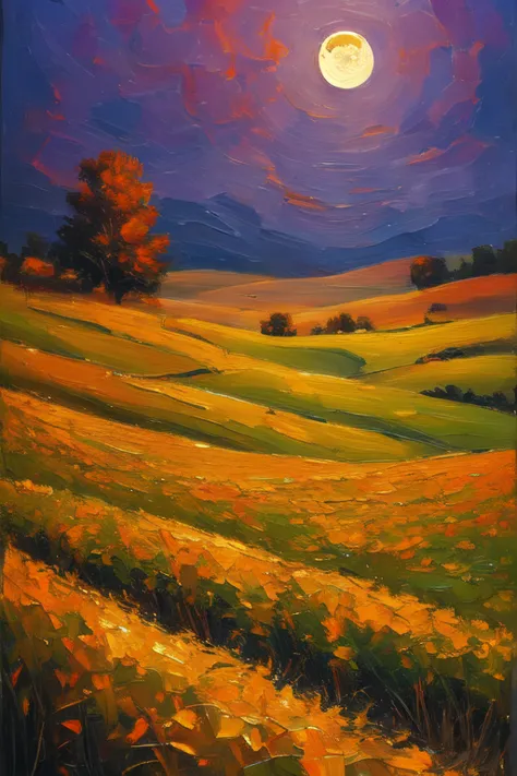 A vast pumpkin field glowing under a full harvest moon, mist swirling between the pumpkins, eerie lantern light, traditional oil...