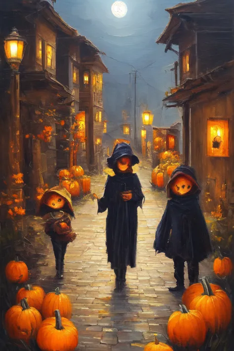 Three children in spooky costumes holding pumpkin lanterns, walking down a foggy village street, glowing lantern light, traditio...
