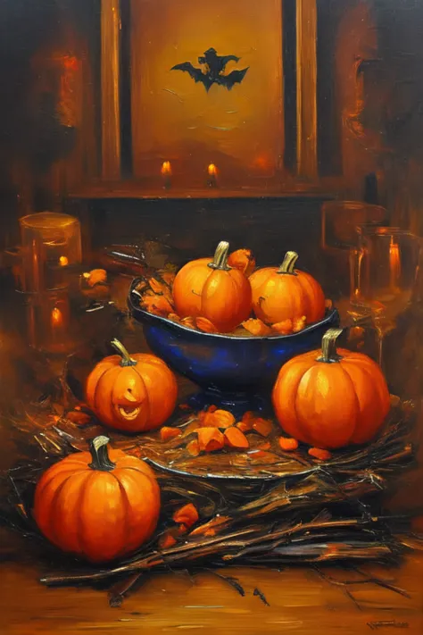 A vintage Halloween dinner table with pumpkins, black candles, mysterious potions, warm candlelight glow, spooky and elegant, tr...