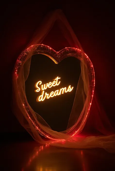 A large gold-black  glowing crystal mirror with a "Sweet dreams" sign glows in the dark, the dark red background and heart shado...