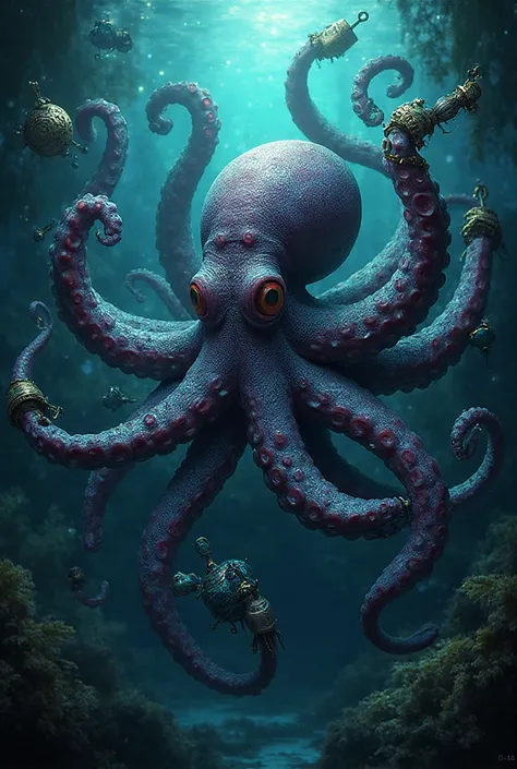 An octopus clutching objects in all its tentacles 