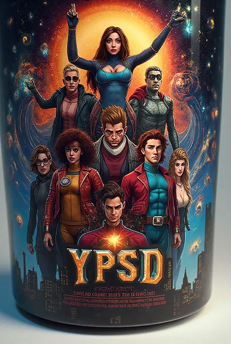 Create a mug design with the logo of the comic book YPSD and all characters