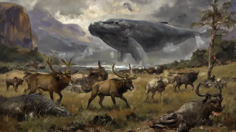 Montage of wolves circling elk, lions chasing wildebeest, crocodiles ambushing. Overlayed with faint Megalodon pack circling wha...