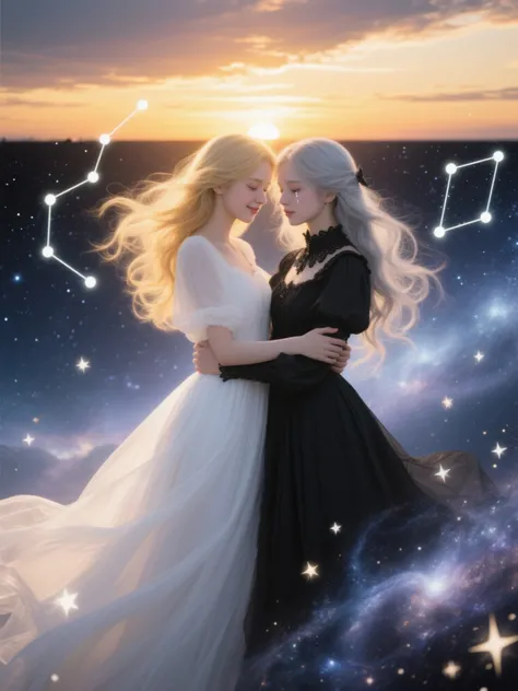 HD portrait photography，一幅富有象征意义的双子座主题画面，The center of the picture is two girls hugging each other，A bright white flowing dress，...