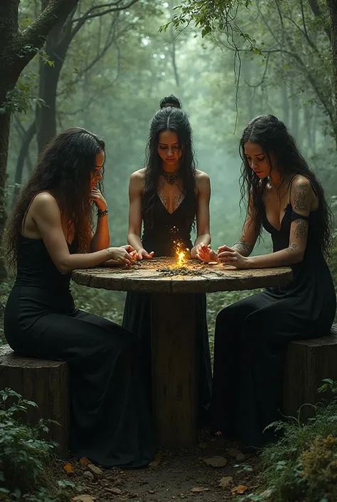 MAKE ME A GROUP OF TALL FAE WOMEN, SITTING ON AN OAK TABLE, WEARING SHORT BLACK DRESSES WITH A NECKLINE UP TO THE NAVEL AND THEN...