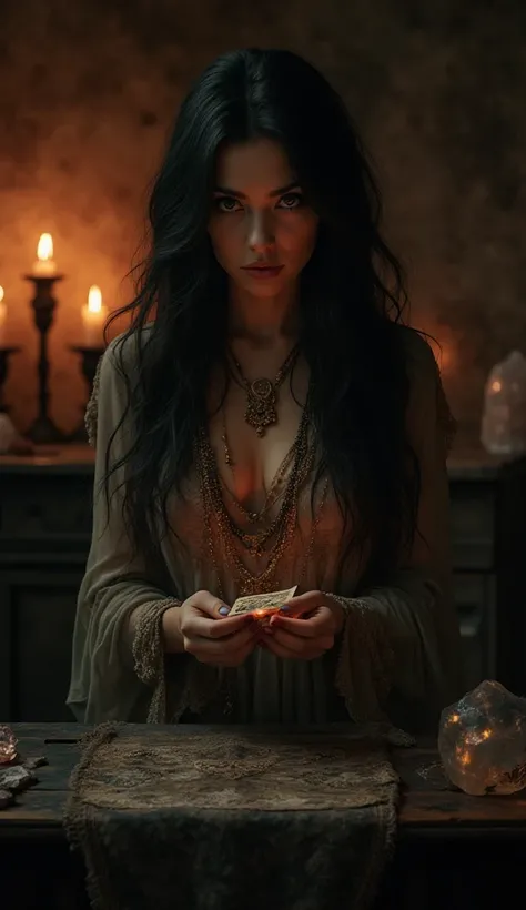 "A realistic portrait of a mysterious fortune teller woman in a dimly lit room, holding tarot cards in her hands. She has long d...