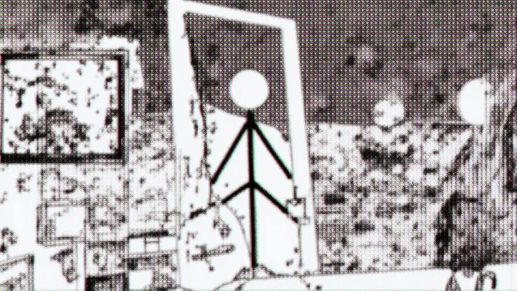 A stick-man shaped into hammer and tools while female stick-figure molds him, in a workshop, man expression blank, symbolic brok...
