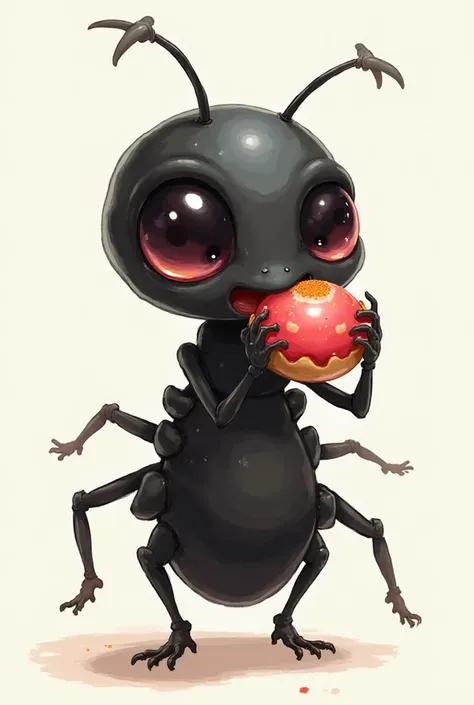 Create a cute black humanoid ant with 33 eyes and 33 paws eating candy