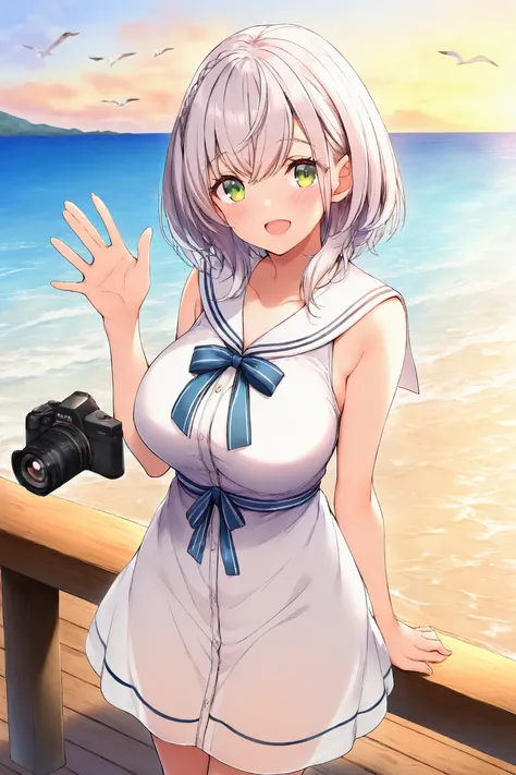 白銀ノエル,masterpiece, best quality, anime style, 1girl, solo, cute, large breasts,green eyes, silver hair,open mouth,{bright smile}...