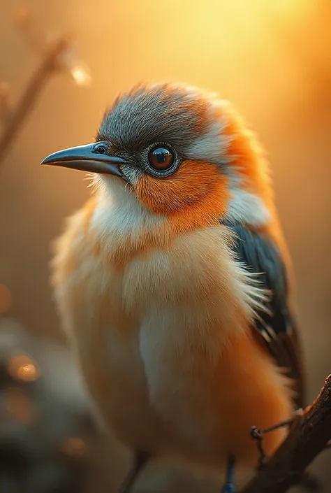 A mesmerizing close-up portrait of a gorgeous little bird illuminated by the soft, golden light of a tranquil morning, with vibr...