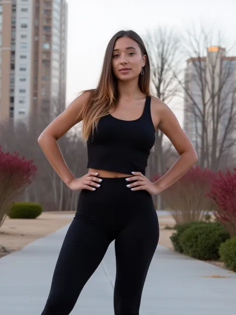 A young woman stands outdoors, posing confidently in fitted black athletic wear. She has long, straight hair and a casual yet st...