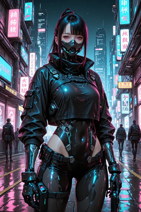 武士の姿。(刀:1.5)。ちょん髷。着物。Cyberpunk Style, cyberpunk, science fiction, hi tech, future tech, neon, (Cybernetics1.25), (Neon Cityscape...