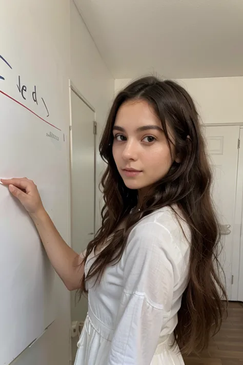 Beautiful girl with wavy long hair, bohemian dress, holding a white board with text "I Love Seaart Infinity" and showing it to t...