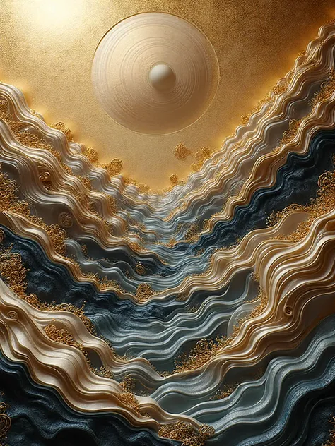 One seamless full-frame abstract bas-relief — NO PANELS, NO SPLITS, NO BORDERS. Ornamental cosmic landscape composed of layered ...