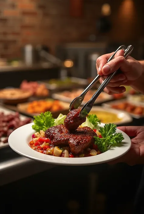 Realistic gastronomic style photography. In the foreground, hands hold a plate with a combination of fresh vegetables and juicy ...