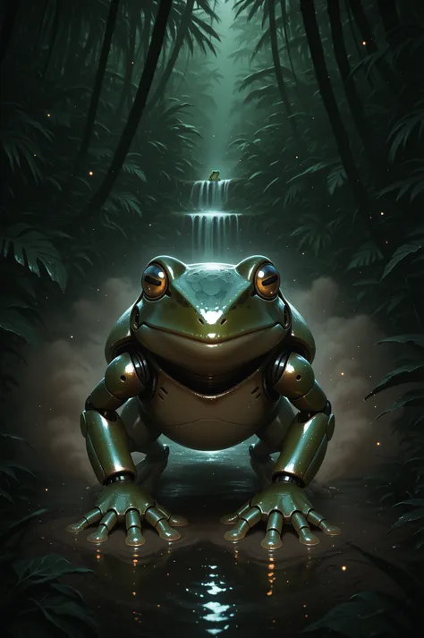 No humans, robot, frog, jungle, water, dust particles, dark, moody, hyper-realistic, foreshortening