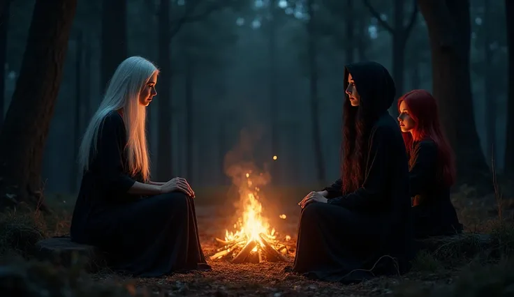 4 realistic women sit near a realistic campfire in a realistic night forest. A woman with white long hair in a black long dress ...